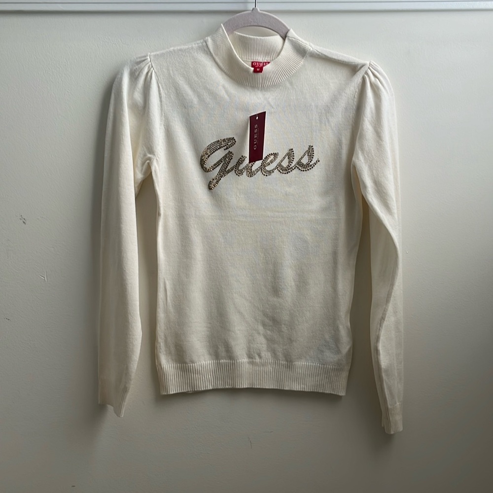 NWT, Jr. M, Guess, Puff Long Sleeve, Mock Turtleneck, Rhinestone Branded Sweater - Picture 1 of 4